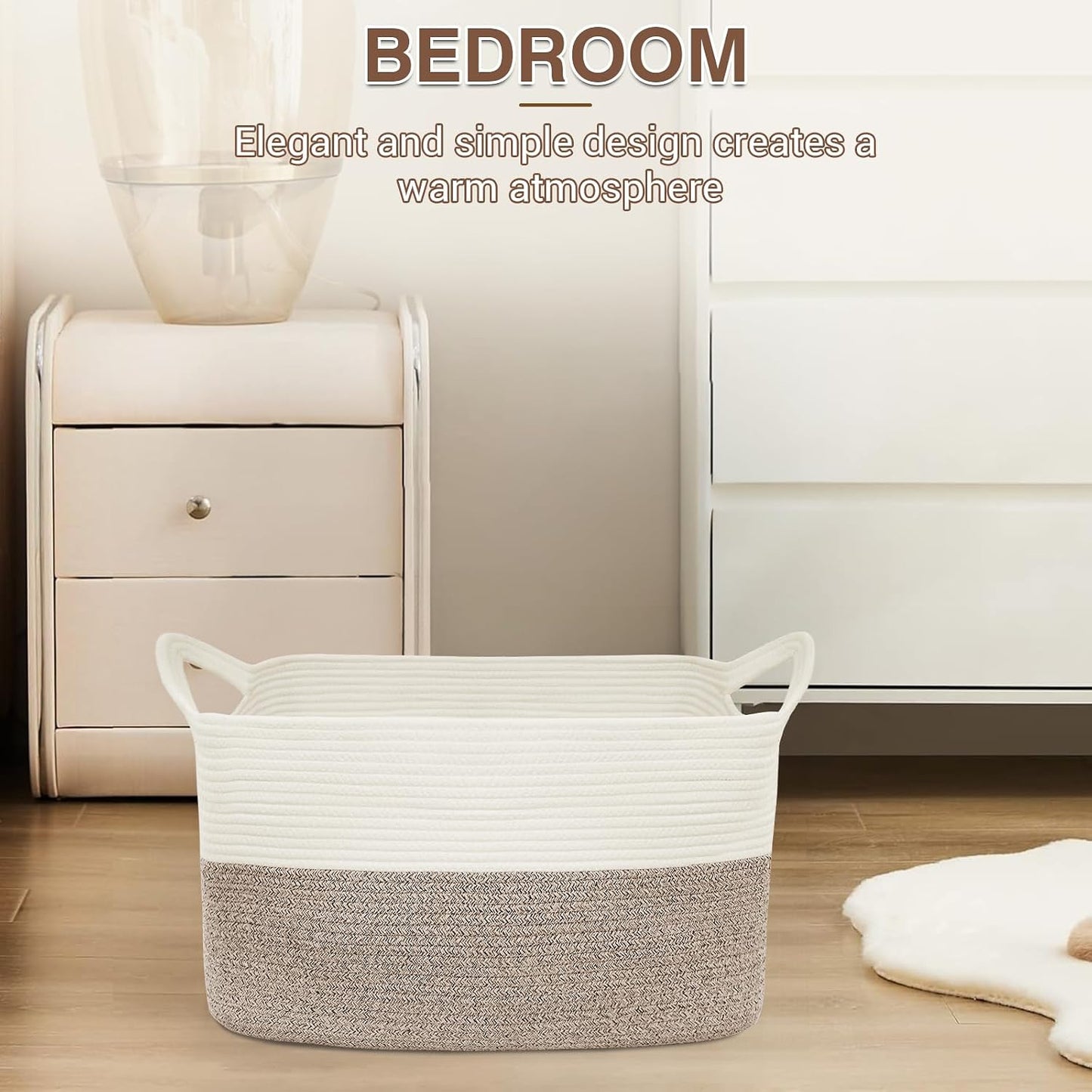 YOUDENOVA Large Blanket Basket, Rectangle Cotton Rope Storage Baske | Nursery Laundry Hamper for Storage Clothes Organizing, 21.6''×14.9''×11.8'' Woven Basket, Dirty Clothes Organizer Bins