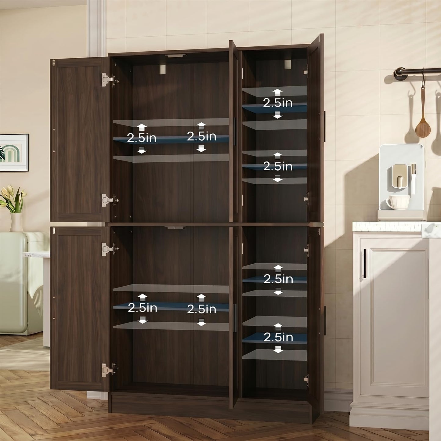 holzart 63" Tall Kitchen Pantry Cabinet, Freestanding Dining Room Storage Hutch with 4 Doors and Adjustable Shelves, Modern Utility Cupboard for Coffee Bar and Microwave, Brown