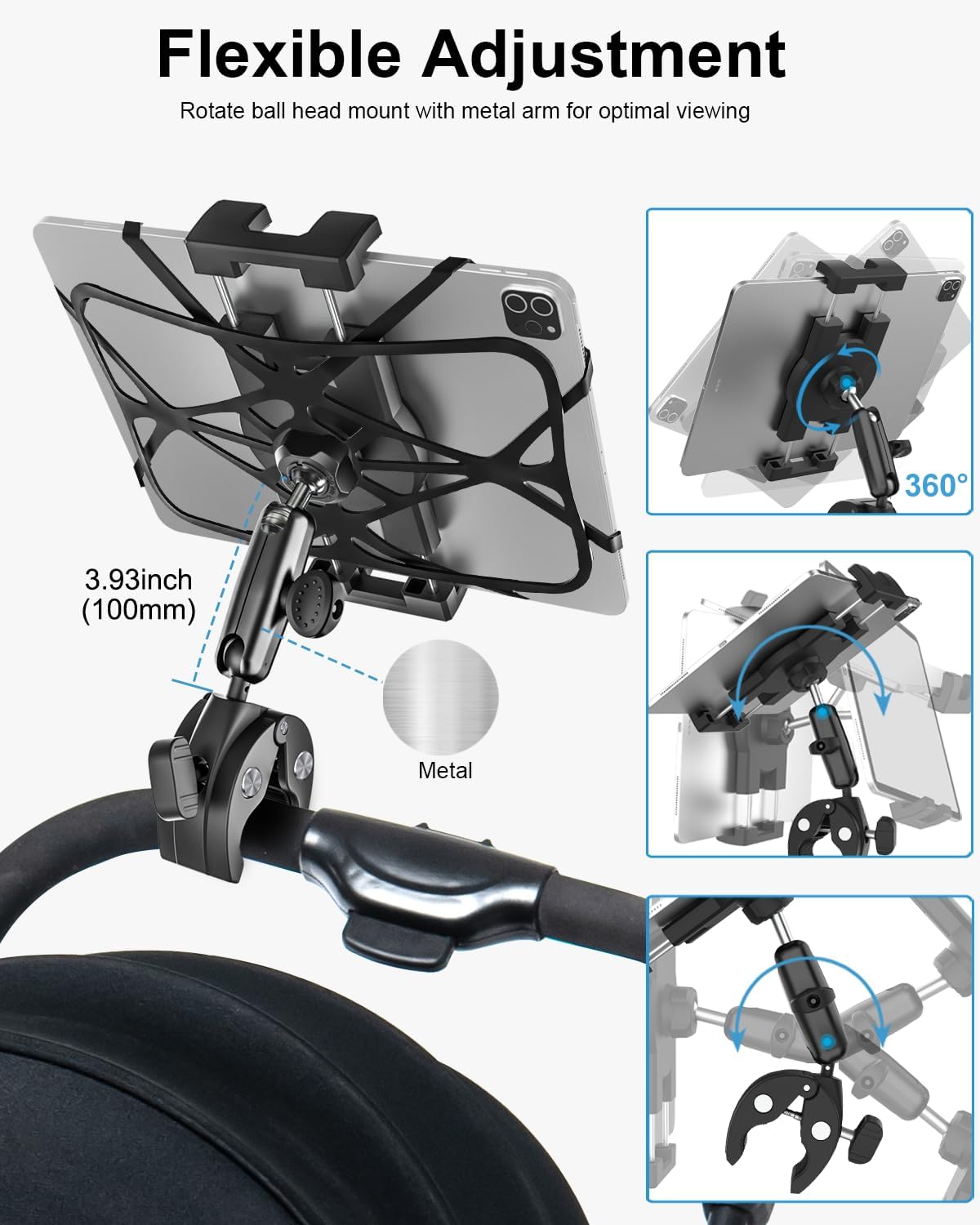 Metal iPad Tablet Mount for Boat Helm, Marine, Wheelchair, Golf Cart, Stroller, Treadmill, Spin Bike, Bicycle, Mic Stand - 360° Adjustable Handlebar Clamp for 4-13" iPad Pro, Air, Mini, Galaxy, iPhone
