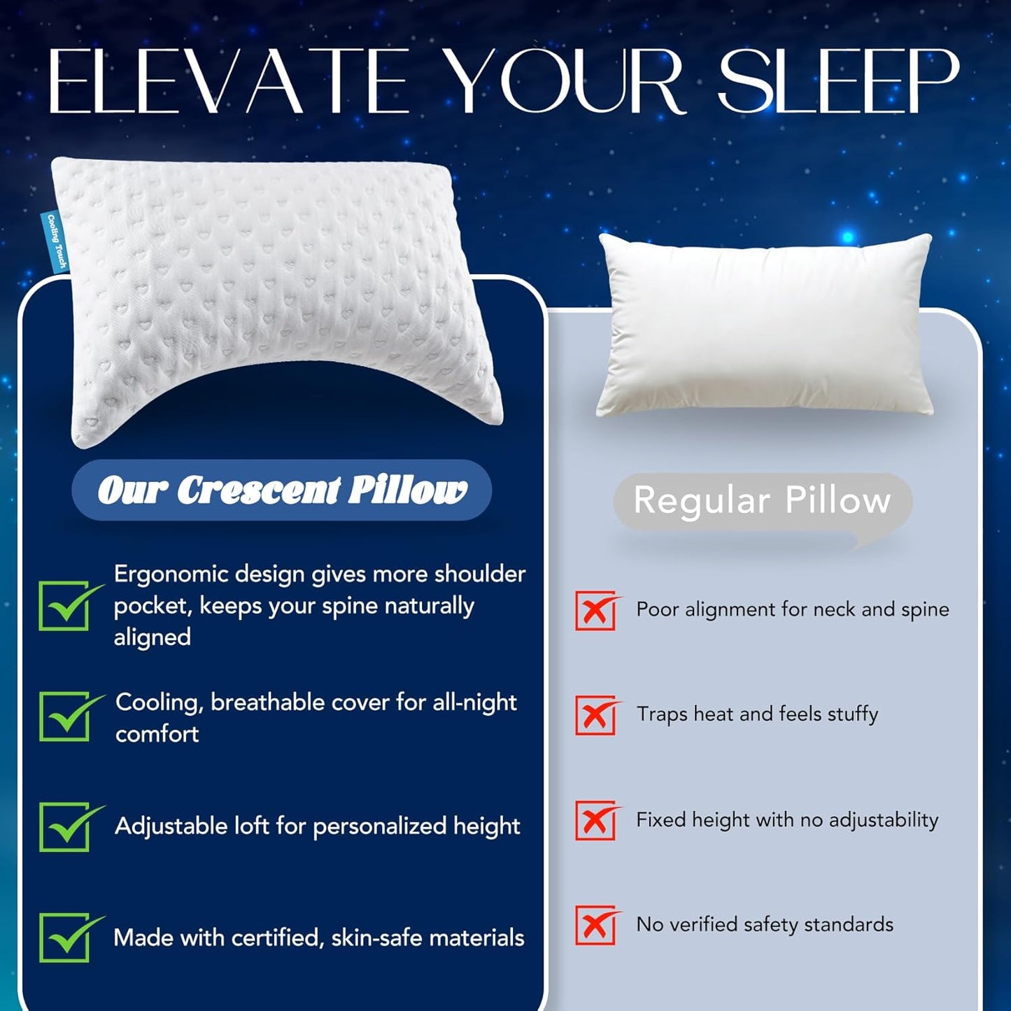 Side Sleeper Pillows for Neck & Shoulder Comfort - Ergonomic Curved Crescent Design, Adjustable Shredded Memory Foam, Cooling & Soft Cover, Extra Fill Included, Queen Size