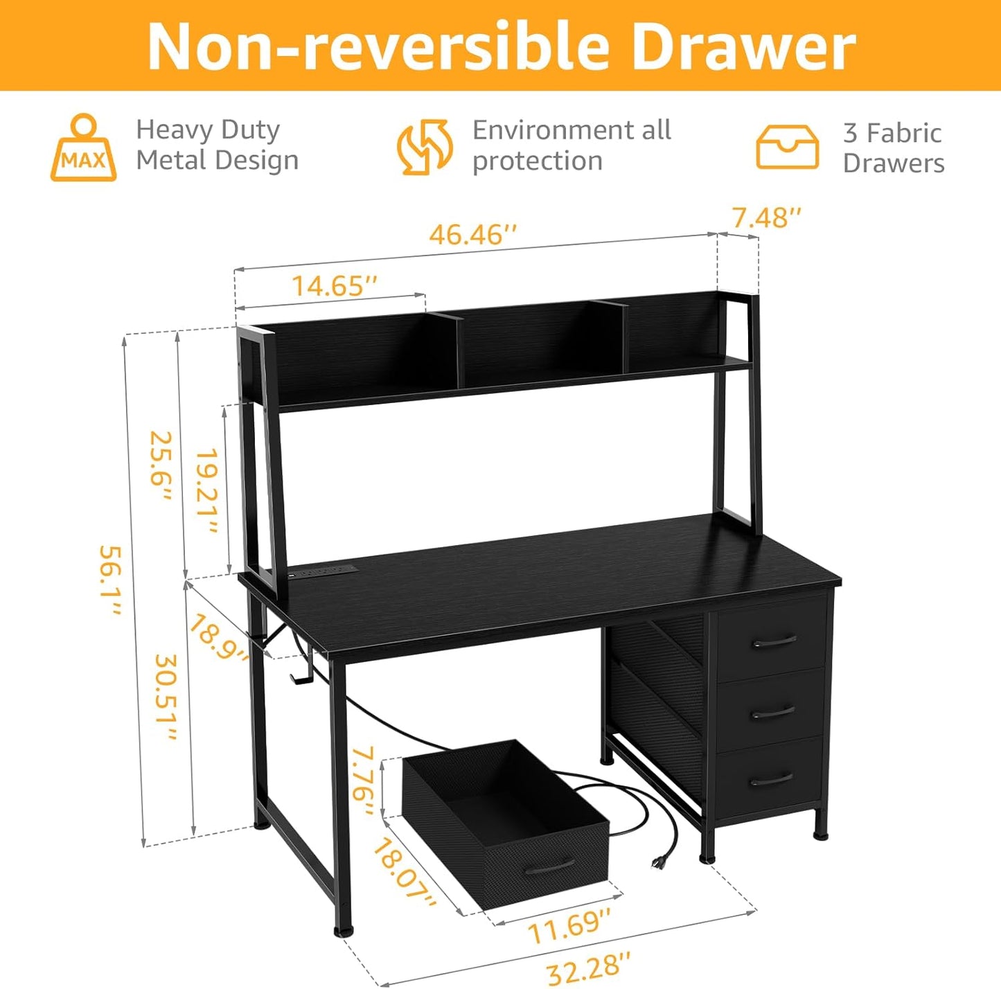 DLisiting Black Computer Desk with Hutch & Drawers - Office Desk with 3 Storage Drawers and Power Outlets, 47 Inch Modern Study Writing Desk for Bedroom Home Office