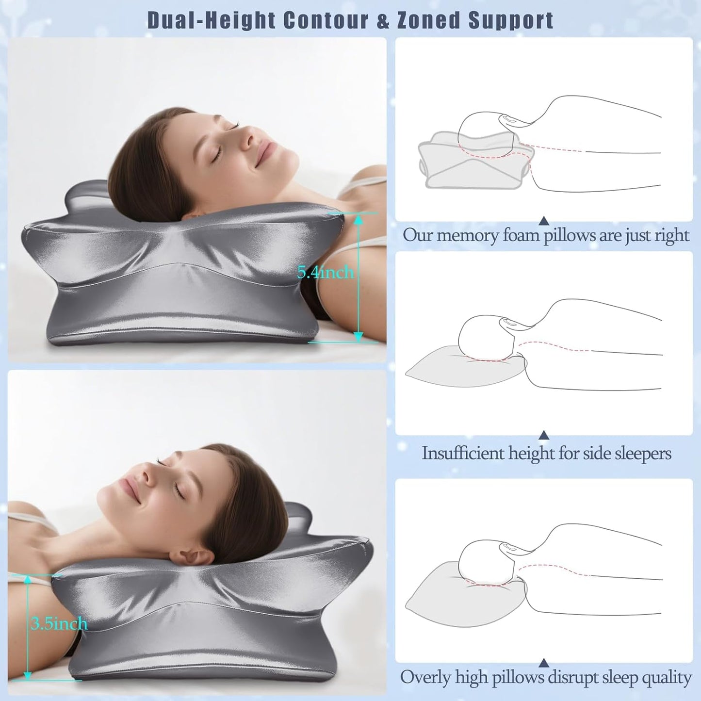 CCidea Cervical Neck Support Pillow for Sleeping & Pain Relief – Ergonomic Contour Memory Foam Pillows for Side/Back/Stomach Sleepers, 2 Heights with Removable Silk Satin Cover - Gifts for Men & Women