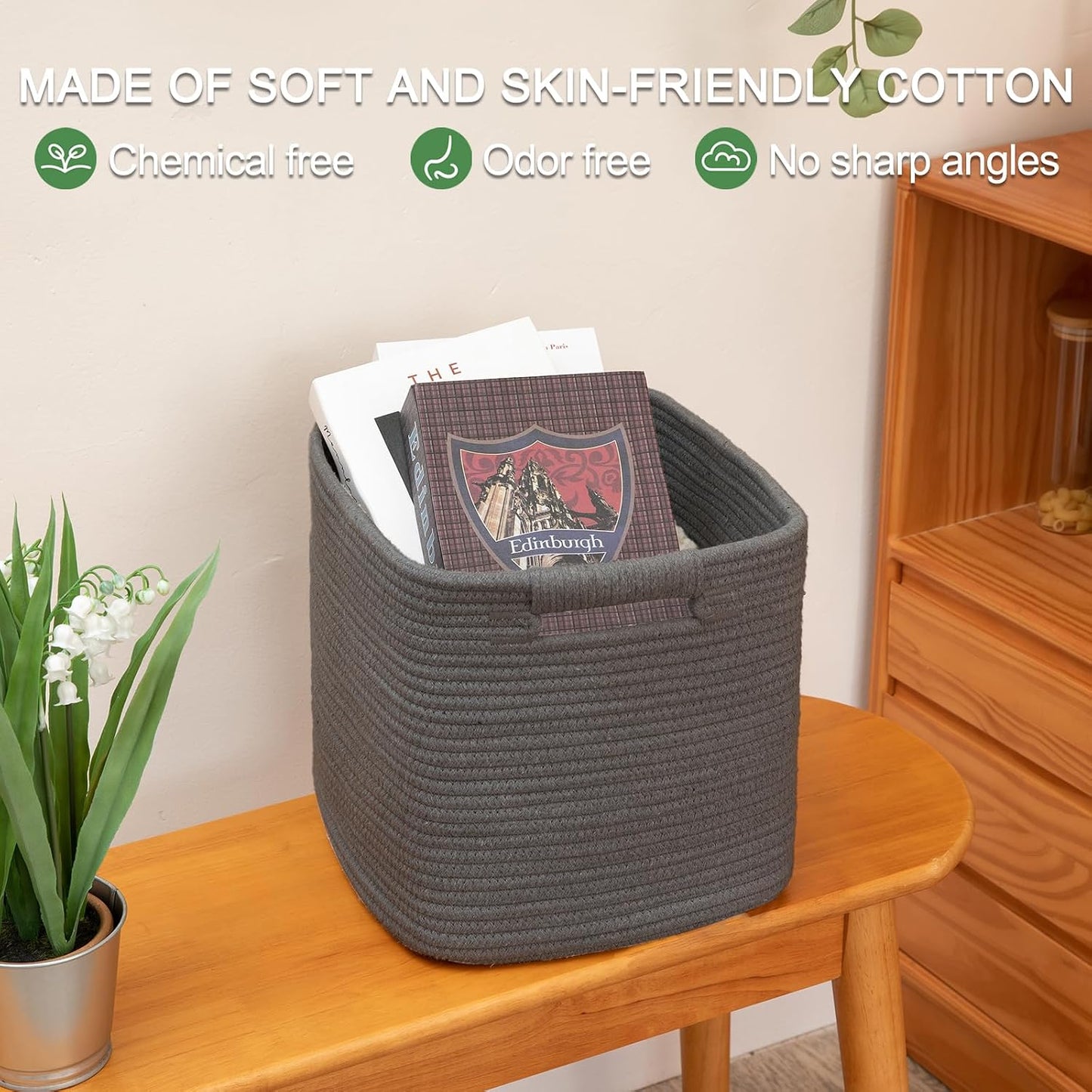 OIAHOMY Storage Cubes 11 Inch Storage Bins-3 Pack, Cotton Rope Woven Baskets for Organizing, Square Baskets for Shelves Organizer, Classroom, Toy Basket, DarK Grey