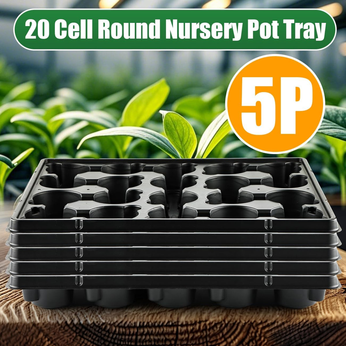 RooTrimmer 20 Cell Plant Trays for Carrying 3 inch Round Nursery Pots, Sturdy Plastic Trays Suitable for Holding 100 pcs Peat Pots ((5 Packs - Trays Only, Pots Not Included))