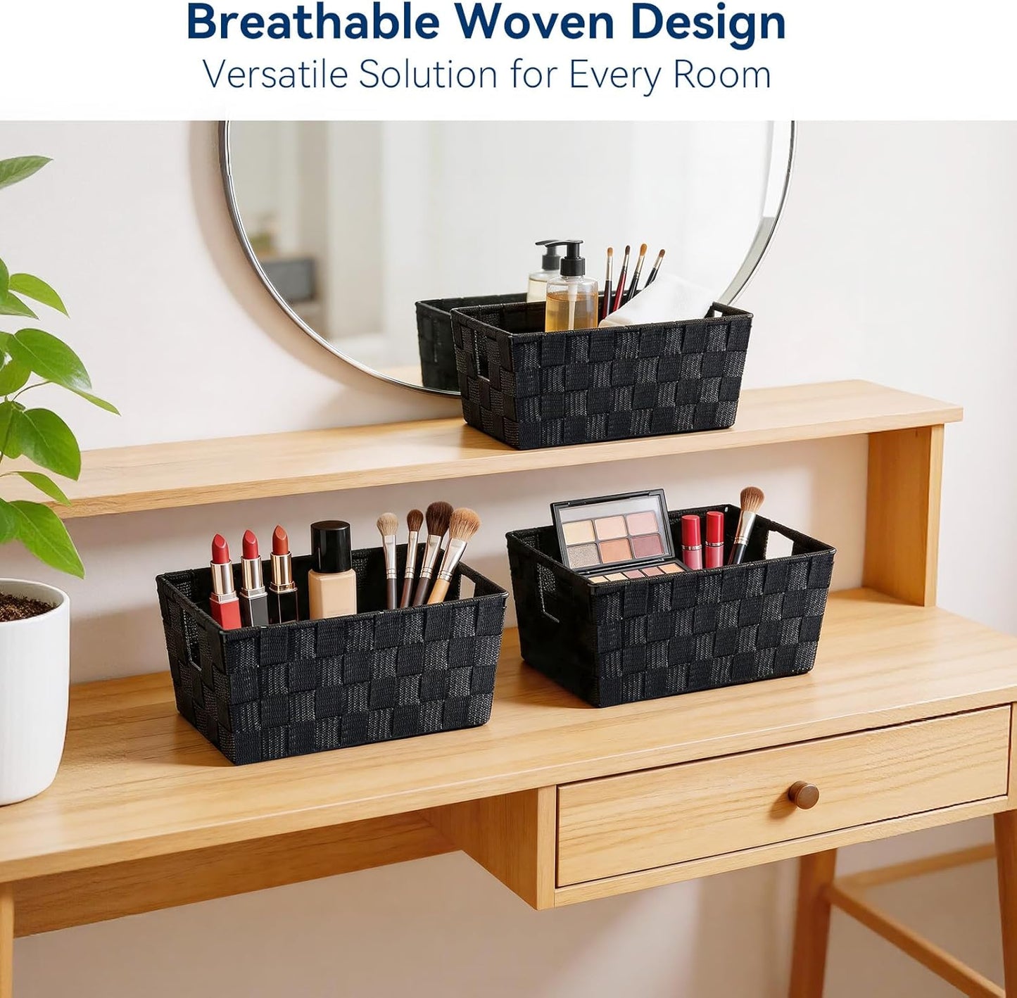Small Woven Storage Baskets for Shelves - Decorative Bathroom Organizer Bins, Versatile Shelf Storage Solution for Home Organization & Closet (Black）