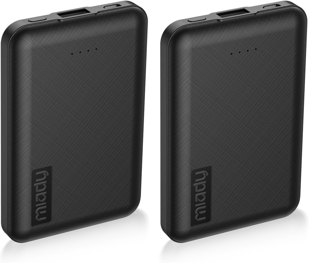 Miady 2-Pack 5000mAh Mini Portable Charger, 5V 2.4A USB-C Output Fast Charging Power Bank for Travel Small Battery Pack Compatible with iPhone 17/16/15 Galaxy S24/S22 Android etc (Deep Black+Black)