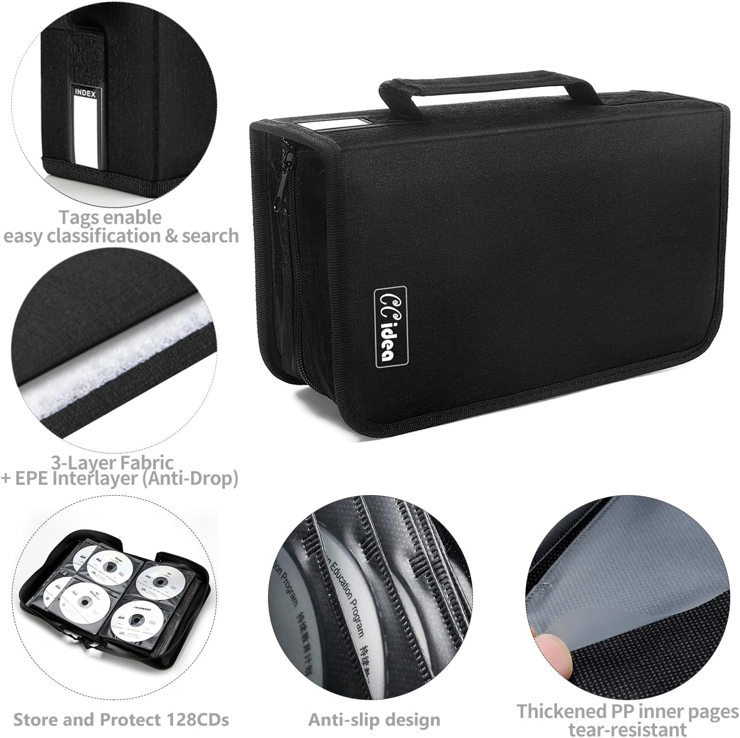 CCidea CD Case DVD Storage Holder, 128 Capacity DVD Cases Organizer CD Plastic Protective Carrying Binder,Portable Cd Wallet for Home Travel (Black)