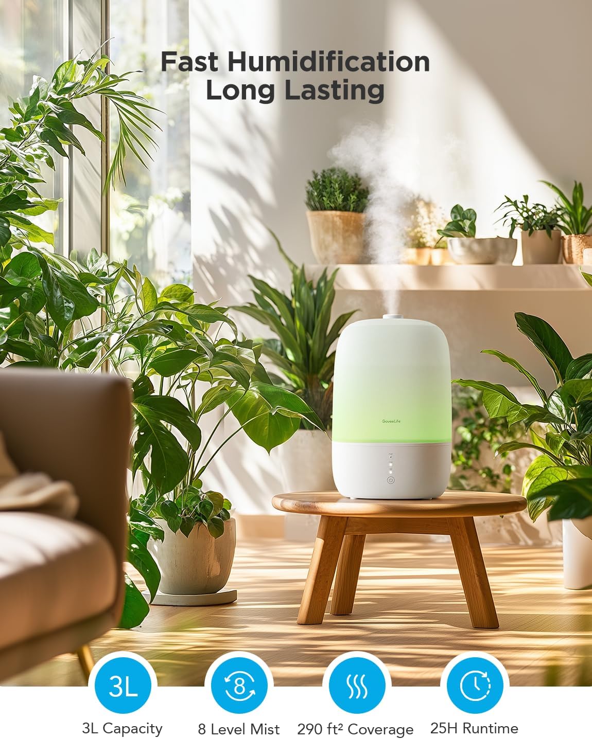 GoveeLife Smart Humidifiers for Bedroom, 3L Top Fill Cool Mist Humidifier, 24dB Quiet Runtime, Humidity Control, WiFi Air Humidifier with Night Light, for Baby, Plants, Home, Work with Alexa