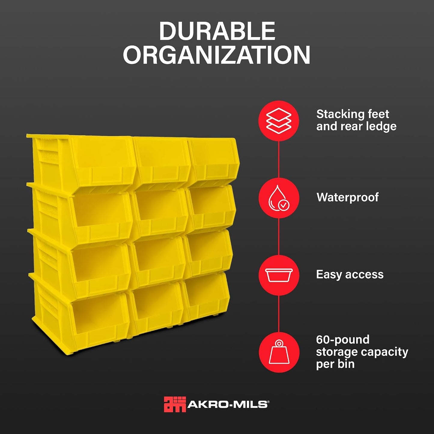 Akro-Mils 30240 AkroBins Plastic Storage Bins, 15"x8"x7", Yellow, 12-Pack | Space-Saving Stackable Bins for Garage, Pantry, Craft Organization