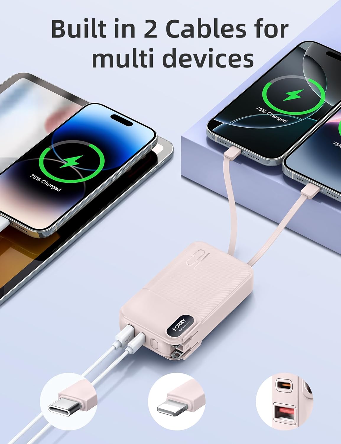 RORRY Portable Charger Built in Cables, AC Wall Plug in Portable Charger Power Bank 10000mAh Travel Battery Pack 22.5W Fast Charging for iPhone 17/16/15 Samsung Galaxy S25/S24/S23 Pixel LG iPad, Pink