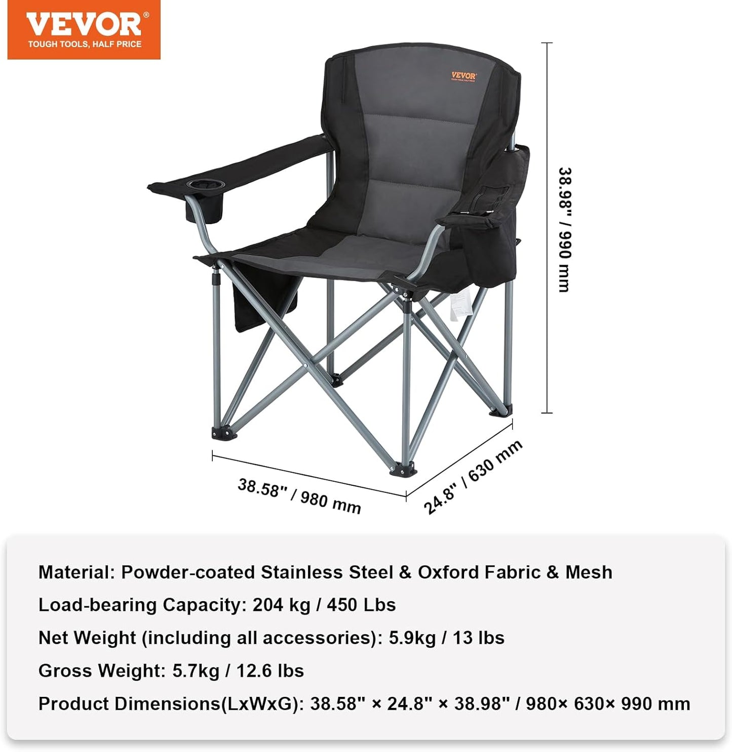 VEVOR Oversized Camping Folding Chair, Portable Heavy Duty Outdoor Quad Lumbar Back Padded with Side Pockets, Cup Holder and Cooler Bag for Beach, Lawn, Picnic, Fishing, Backpacking, Black