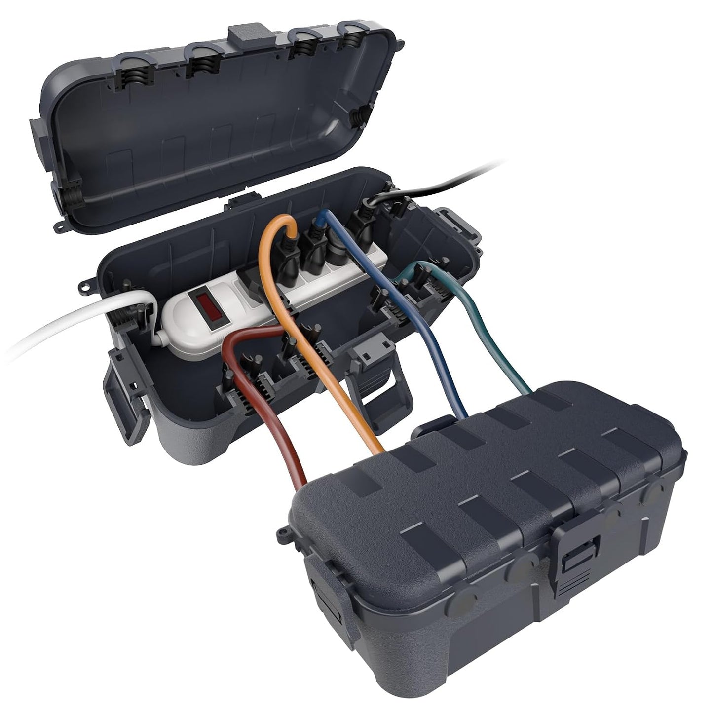 Flemoon Medium Outdoor Electrical Box, IP54 Waterproof Extension Cord Cover | Inner Size 9.4 x 4.3 x 3.2 Inch, 6 Cable Entry Ports, Weatherproof Connection Box for Outlet, Holiday Lights, Gray, 2 Pack