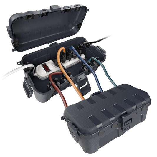 Flemoon Medium Outdoor Electrical Box, IP54 Waterproof Extension Cord Cover | Inner Size 9.4 x 4.3 x 3.2 Inch, 6 Cable Entry Ports, Weatherproof Connection Box for Outlet, Holiday Lights, Gray, 2 Pack