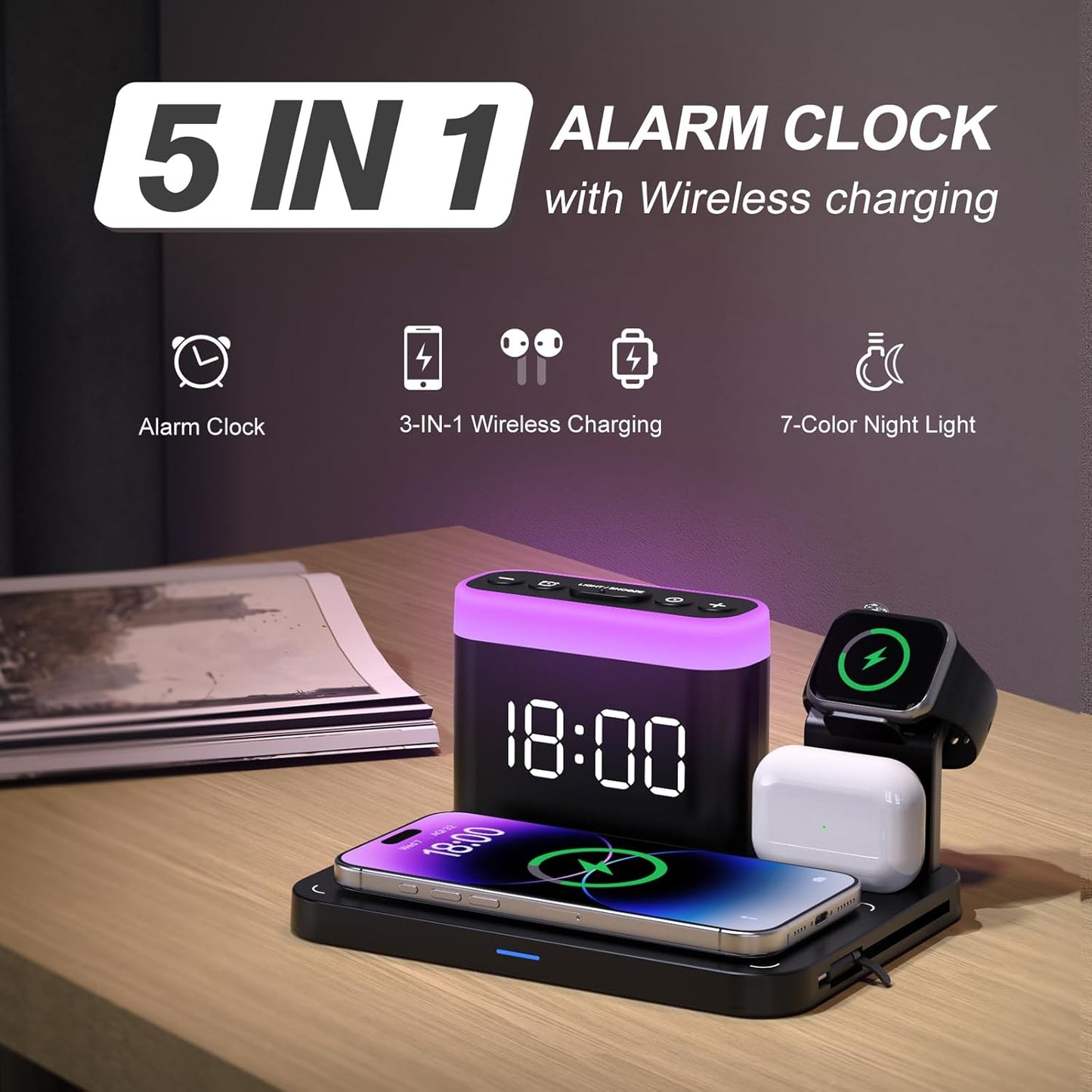 ANJANK Wireless Charging Station,5 in 1 Multiple Charger Stand with Alarm Clock,7 Night Light,Magnetic Charging Dock for iPhone 17 16 15 14 13 12 Pro Max Plus,Apple Watch 11/10/9/8,for Airpods,Bedroom