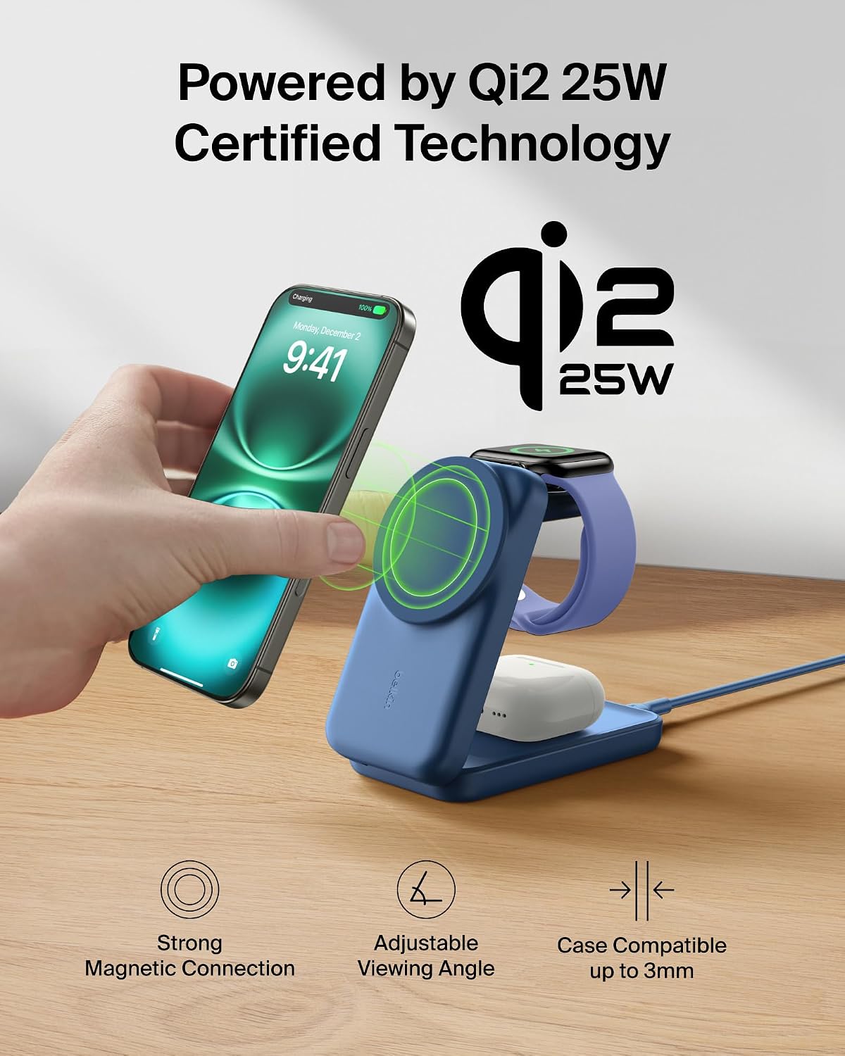 Belkin Qi2.2 25W Wireless 3 in 1 Foldable Fast Charging Station for iPhone | Fast Charigng, MagSafe Compatible, iPhone 17/16/15, Apple Watch, AirPods, Travel Charger, Magnetic