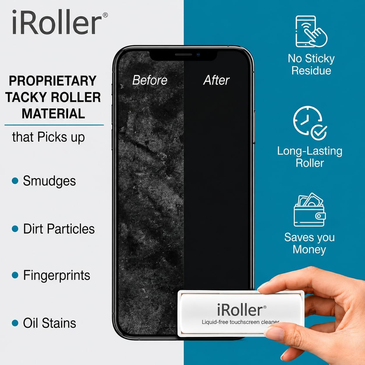 Screen Cleaner by iRoller - No Need for Spray or Wipes - Liquid Free iPad Screen Cleaner Roller Tool - Washable & Reusable - Phone Screen Cleaner Ideal for iPhone, Laptop, Computer Touchscreen - 3.5"