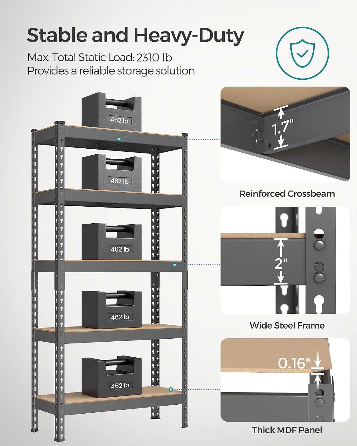 SONGMICS 5-Tier Metal Storage Shelves with Boltless Assembly, Set of 2