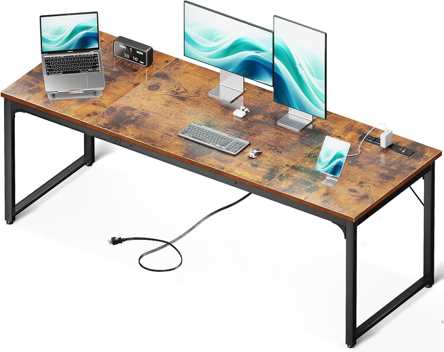 Coleshome 71 Inch Computer Desk with USB Ports, Large Office Desk, Long Study Student Writing Desk, Rustic Brown