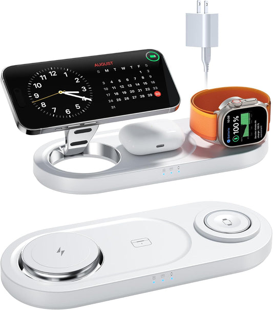 Foldable 3 in 1 Wireless Charging Station for Apple Mag-Safe Charger Stand | Fast Magnetic Wireless Charger Station for iPhone 17 Air 16 15 14 13 12, Apple Watch, AirPods Pro/4/3/2, and More (White)
