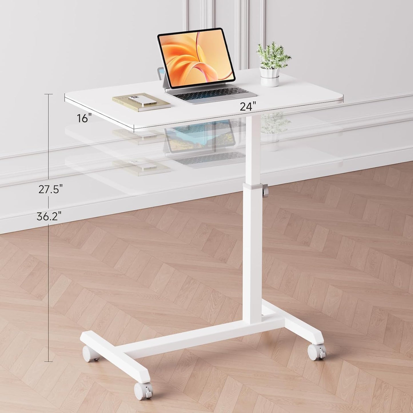 GTPLAYER Small Standing Desk, 24 Inches Mobile Rolling Laptop PC Table with Lockable Casters, Adjustable Height Overbed Bedside Table Computer Workstation for Home Office, White-Fixed