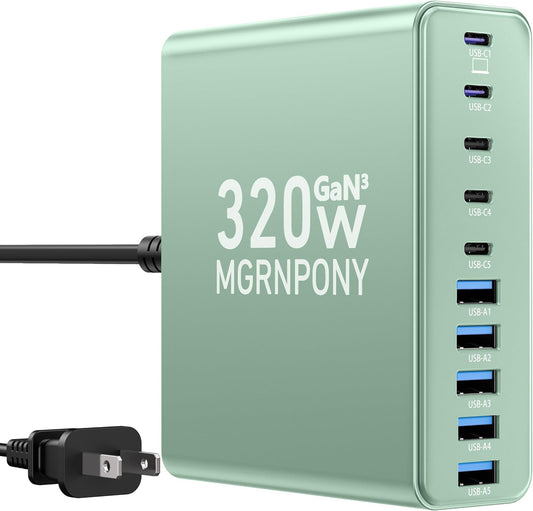 320W USB C Charger Block, MGRNPONY 10-Port GaN USB C Charging Station Green