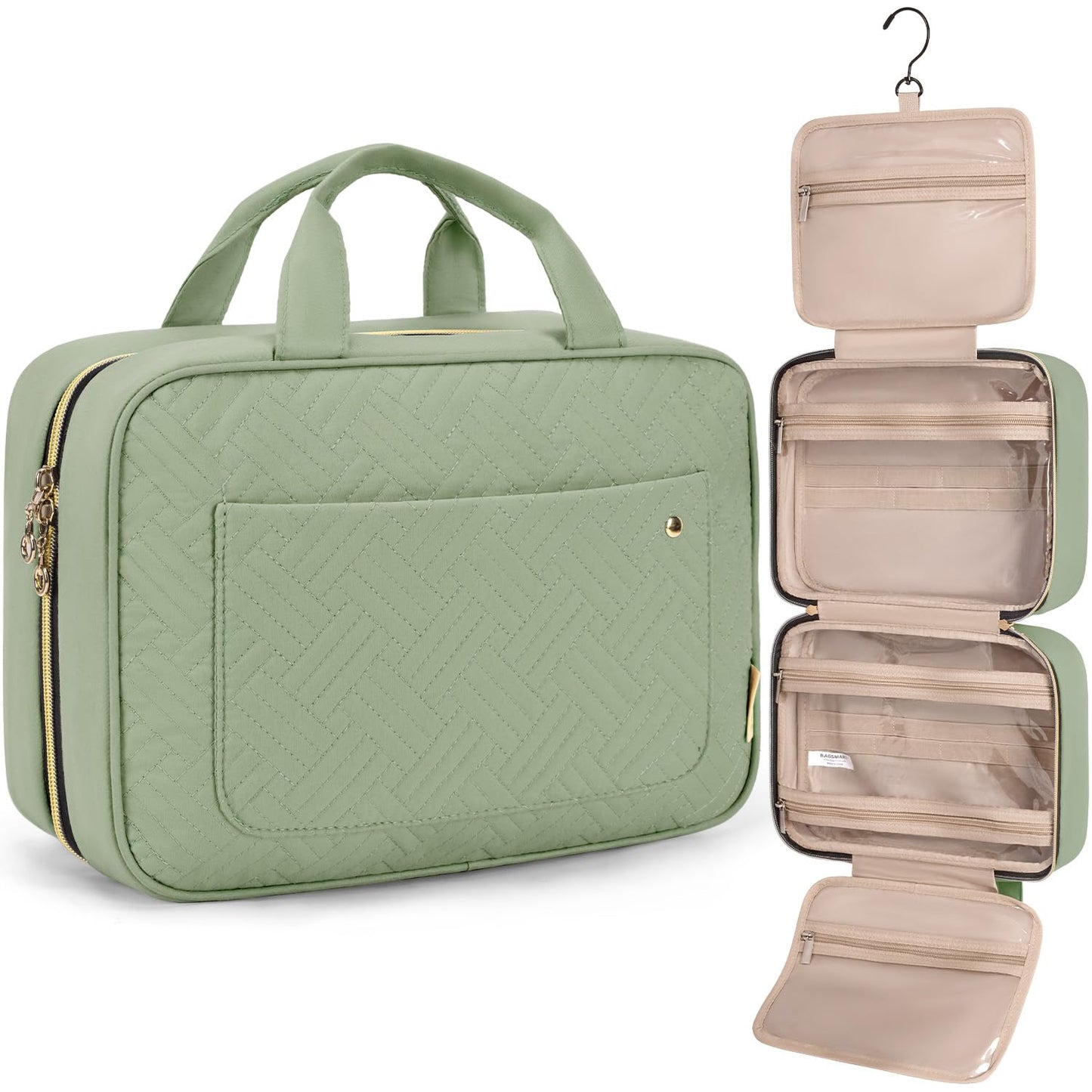 BAGSMART Toiletry Bag Travel Bag with Hanging Hook, Water-resistant Makeup Cosmetic Bag Travel Organizer for Accessories, Shampoo, Full-size Container, Toiletries (Green, Medium)