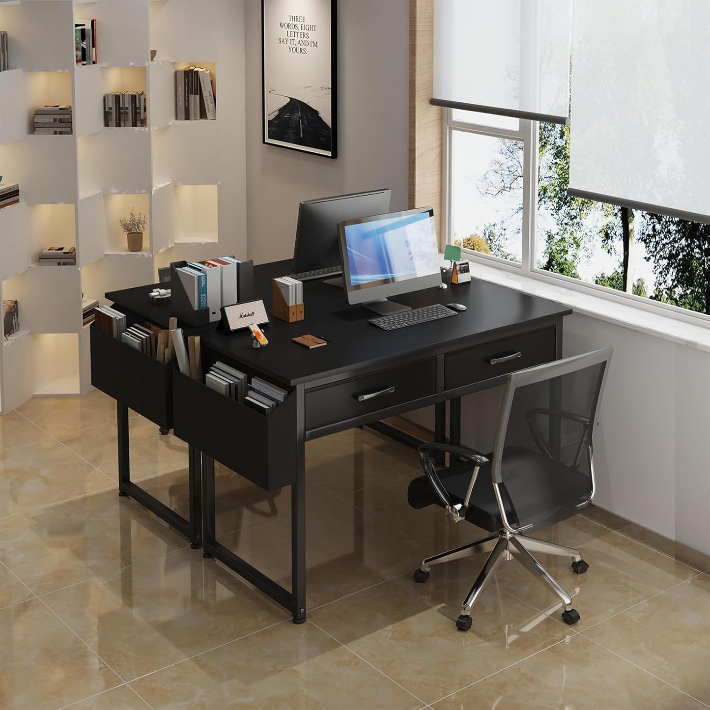 DLisiting Computer Desk with Fabric Drawers for Home Office Bedroom, 40 Inch Small Gaming Desk with 2 Drawers, Study Writing Table PC Desks, Black