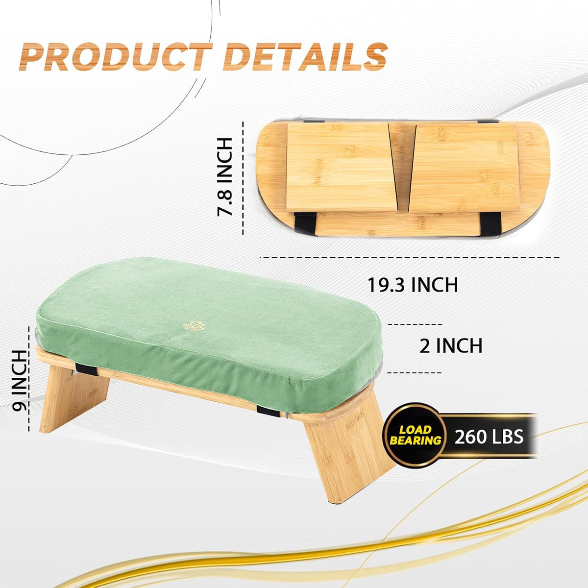 Bamboo Meditation Bench, Foldable Prayer Stool (Green & Bag)