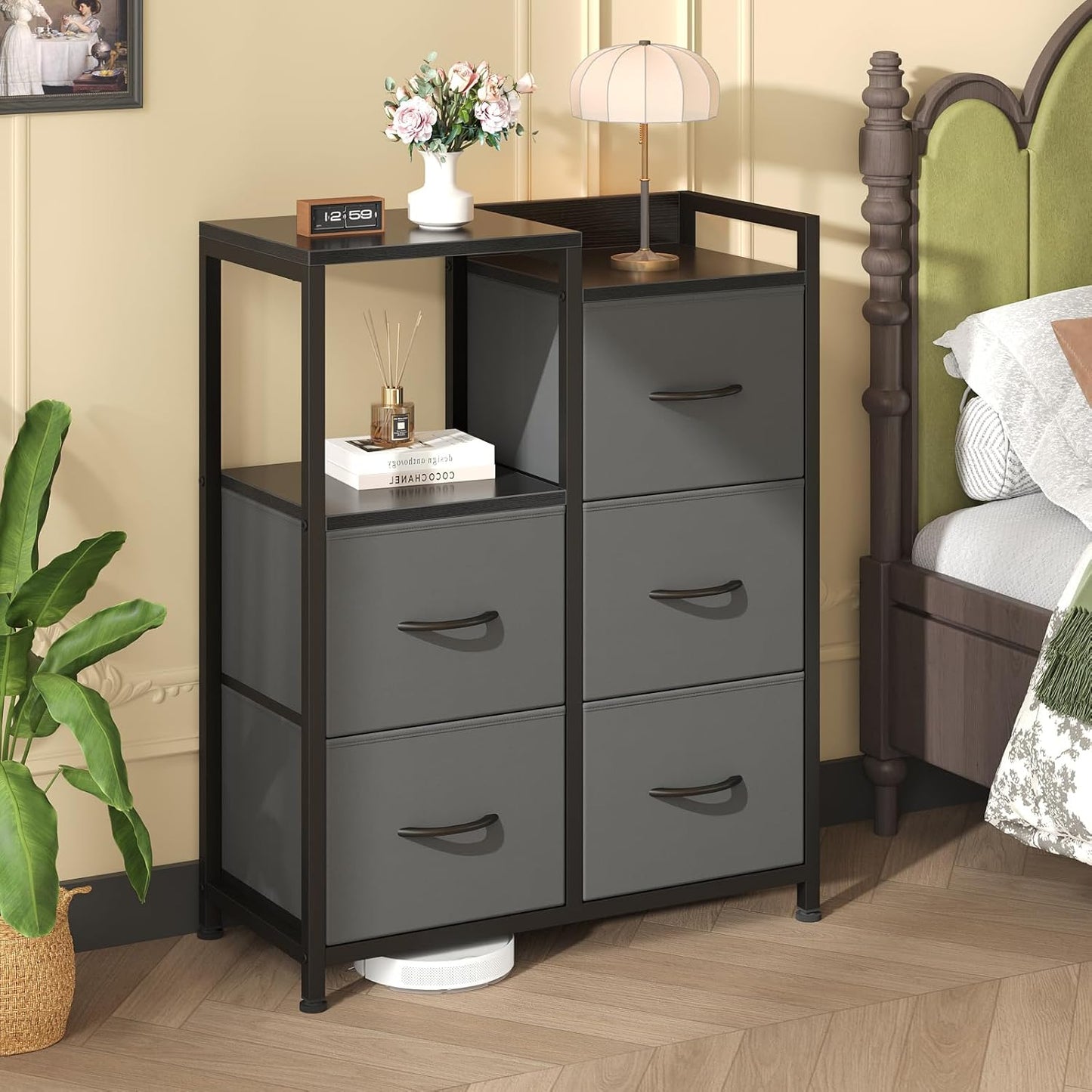 DUMOS TV Stands for Bedroom with 5 Drawers, 5-Drawer Chest of Drawers with Raised Shelf, Storage Tower with Fabric Bins for Closet Organization, Hallway Storage, Ash