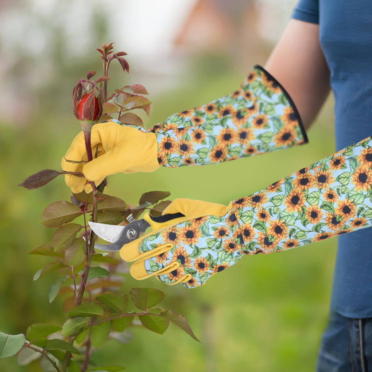 WOHEER Long Gardening Gloves for Women Thorn Proof,Rose Pruning Cowhide Leather Garden Glove for Cactus, Rose and Blackberry