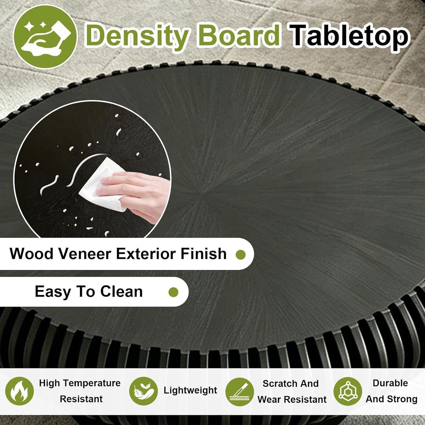 39 inch Black Round Fluted Wood Drum Coffee Table (K, 1PC) | Wood Veneer Tabletop & Base, Non-Slip Base Pads, For Living Room, Mid Century Modern Style, For Small Spaces, Easy Assembly
