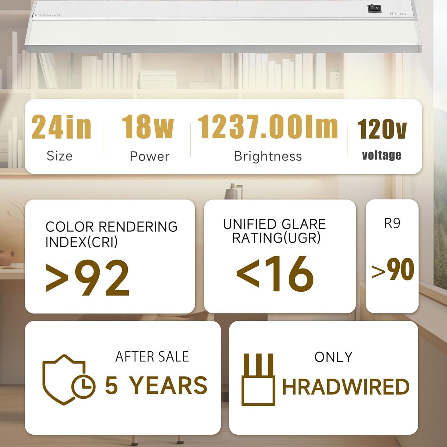 Ansen Hardwired Under Cabinet Lighting, 24in 18W LED Light for Kitchen/Closet, 1237lm, CRI>92, R9>90, 5 Color Temperature, Dimmable, 2700K-5000K(Warm White, Cool White, Daylight)