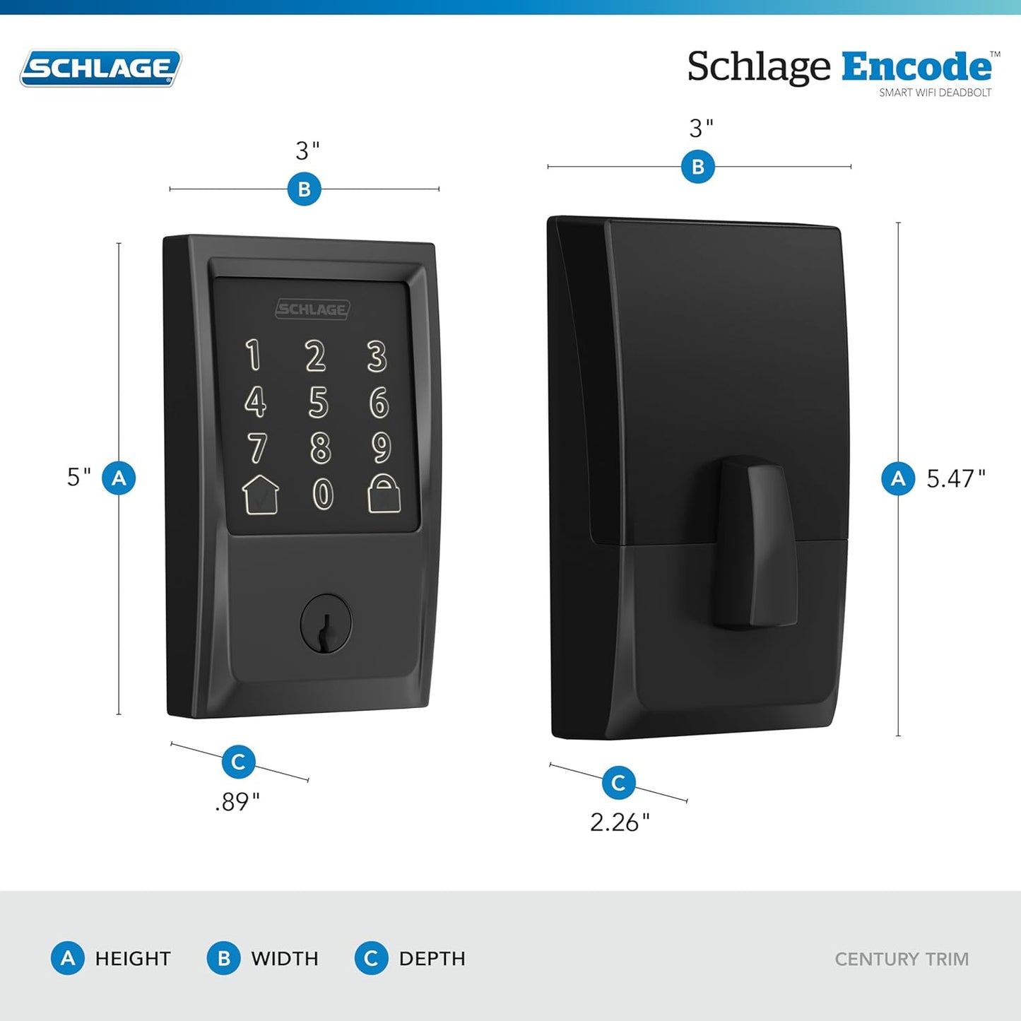 Schlage Encode Smart Wi-Fi Deadbolt Lock with Touchscreen Keypad, Keyless Front Door Entry, App Control, Alexa, Google Home and Airbnb Compatible, Matte Black, BE489WB CEN 622