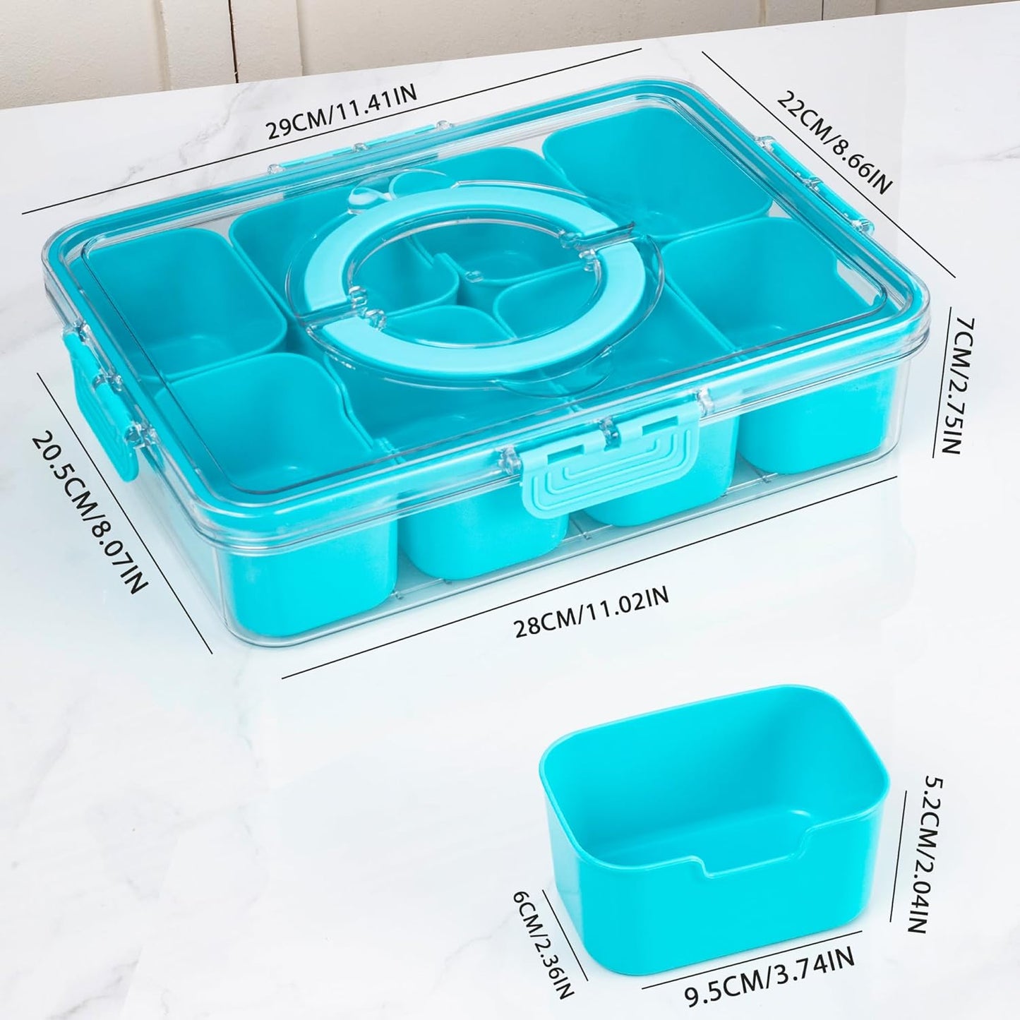 WACOI Divided Snack Serving Tray with Lid and Handle Travel Snackle Charcuterie Container Portable Storage Organizer for Candy, Fruits, Nuts, Snacks, Party, Picnic (1pack, Lake blue)