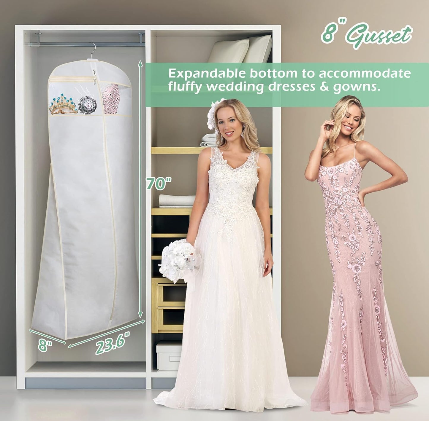 MISSLO 70" Bridal Wedding Gown Dress Garment Bag with Accessories Pouch Large Travel Garment Cover 8" Gusset (White)