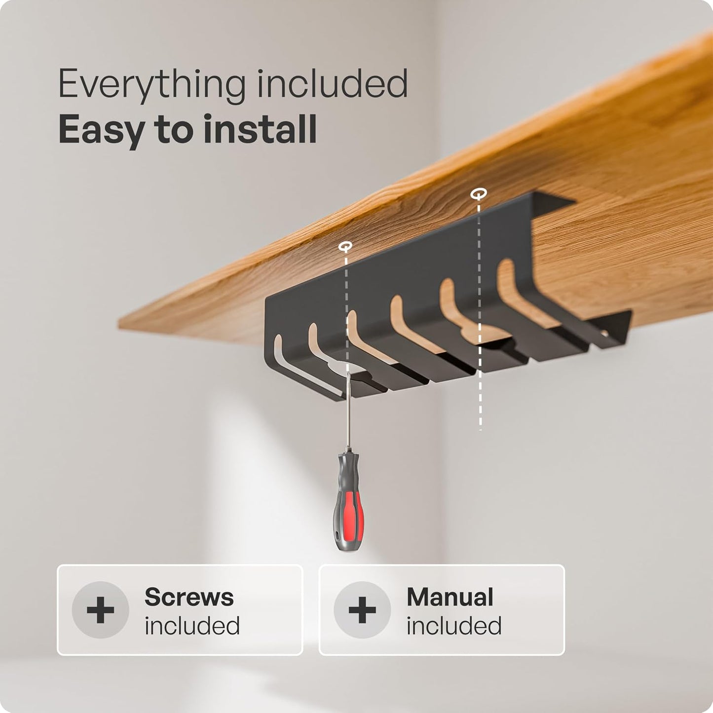 PAMO Cable Management Under Desk, Set of 3 - Black | Easy under-table mounting keeps cables organized, includes 10 cable ties for a clean and tidy office or home workspace.
