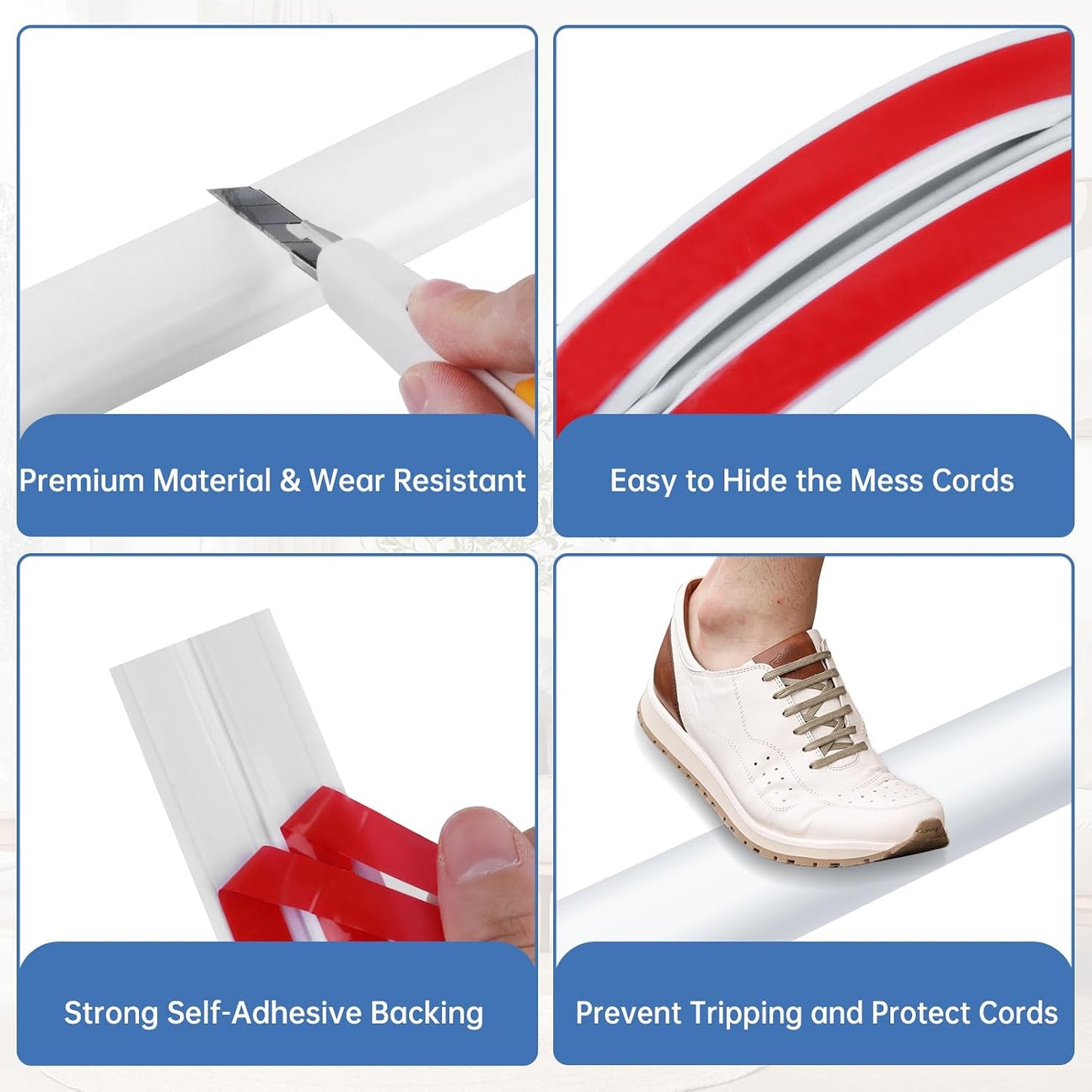 LSGCQ Floor Cord Cover Self Adhesive Cord Hider Floor Cable Management | Cord Covers for Wires on Floor Cable Cover, Prevent Cable Trips, Cable Cavity 0.59" W x 0.31" H, 10Ft, White