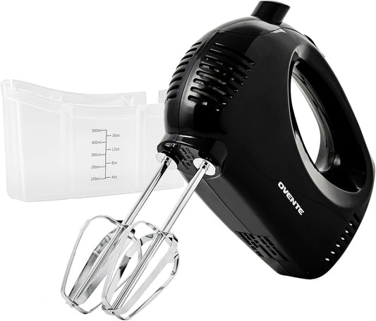 OVENTE 5-Speed Corded Electric Hand Mixer with Stainless Steel Whisks, Compact Portable Design with Snap-On Storage Case,150W Lightweight Handheld Mixer for Baking & Cooking, Black HM151B