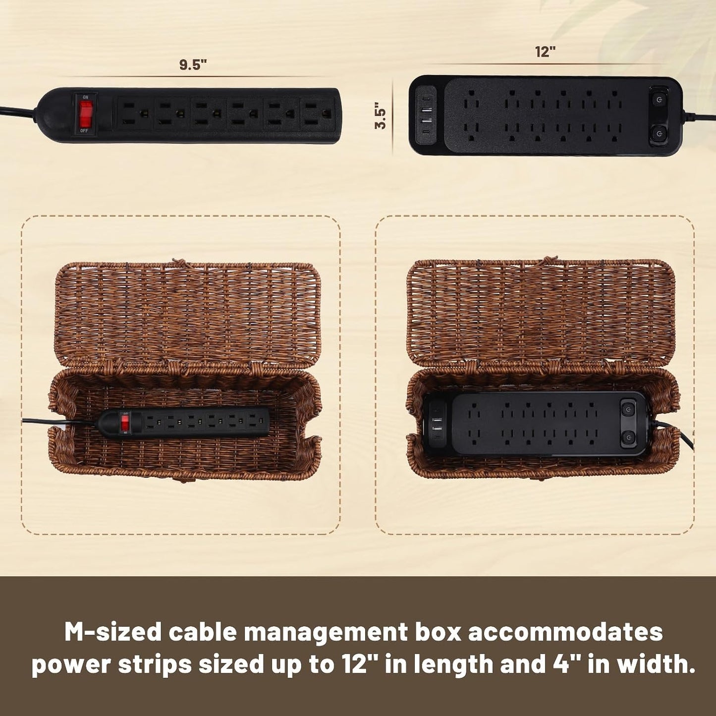 Cable Management Box, Cord Organizer with Lid & Cable Ties - Brown, M | Handmade Open Slots Cord Hider Outlet Covers for Power Strip TV PC Router Charger Under Desk Storage
