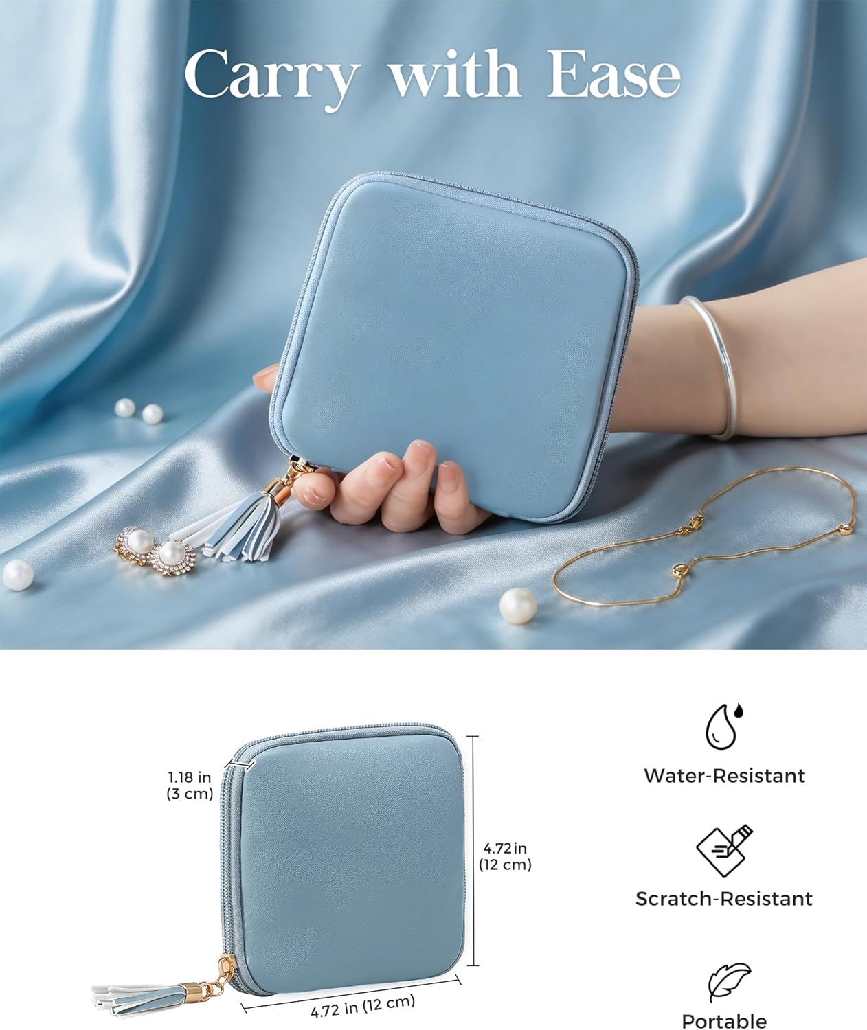 Lolalet Travel Jewelry Case Organizer, Small Jewellery Pouch with Compartments for Storage, Soft Velvet Bag for Traveling Women, Full-Zip Packing for Necklaces, Earrings, Bracelets -Dustyblue