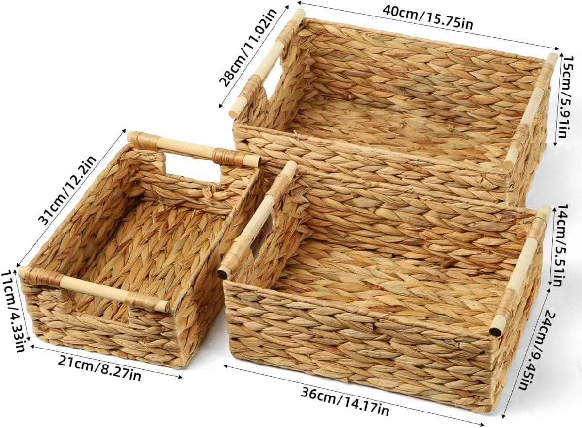 Wicker Storage Baskets for Organizing 3 Pack,Natural Water Hyacinth Ratten Baskets with Wooden Handles, Decorative Handwoven Storage Baskets for Shelves, Bathroom, Pantry or Kitchen