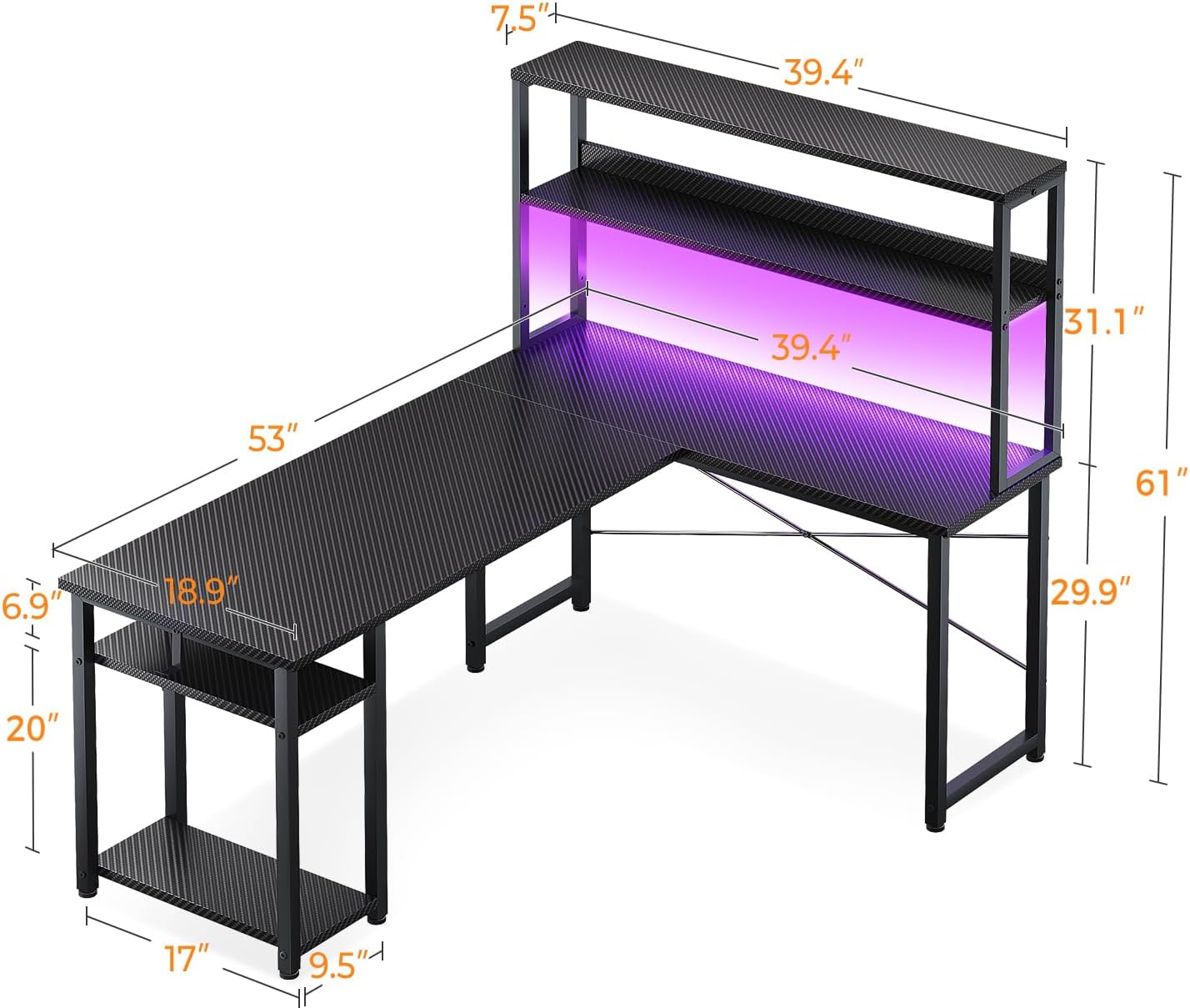 ODK 53" L Shaped Gaming Desk with Hutch & Headphone Hook, Corner Computer Table with Storage Shelves for Home Office, Black
