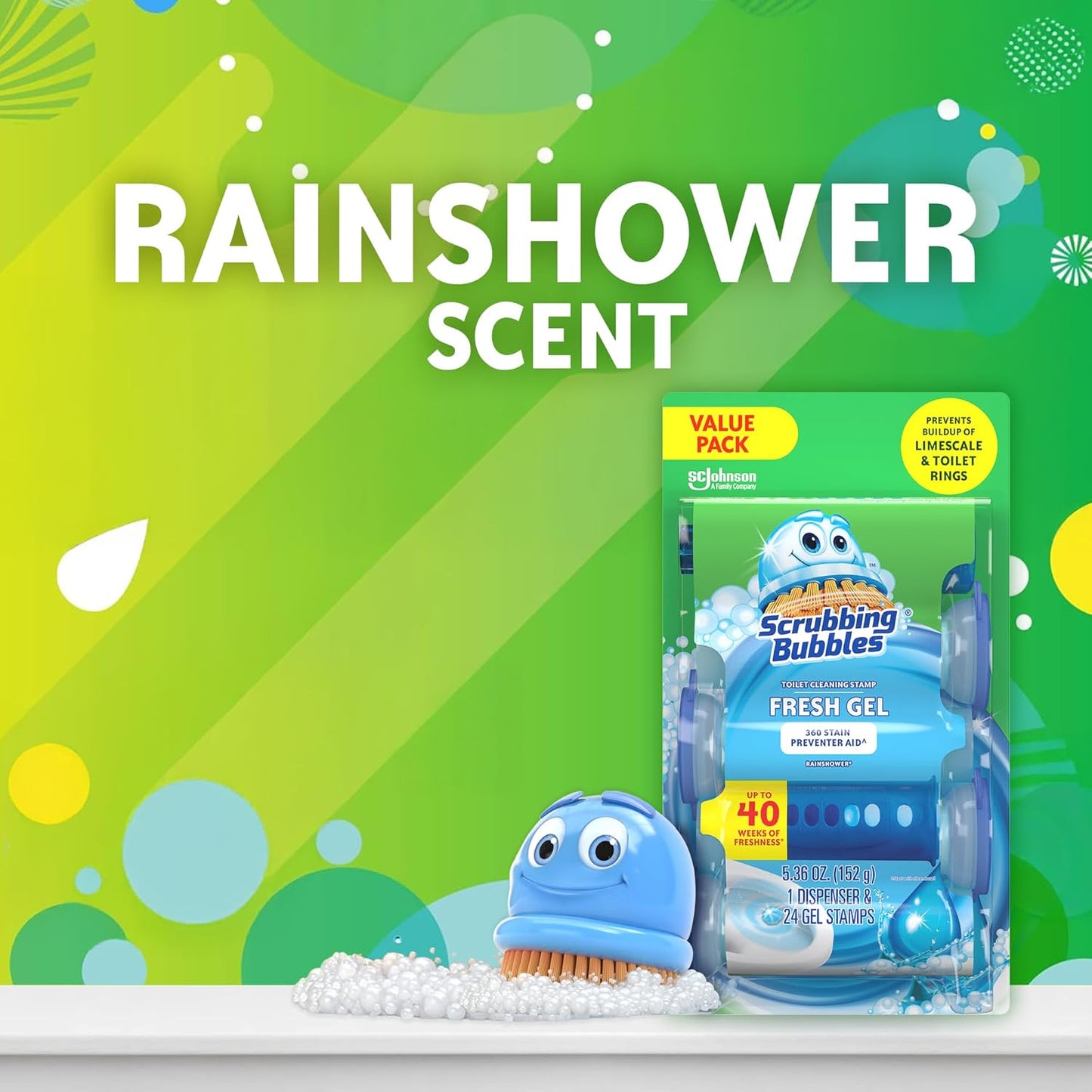 Scrubbing Bubbles Fresh Gel Toilet Bowl Cleaning Stamps, Helps Keep Toilet Clean and Helps Prevent Limescale & Rings, Rainshower Scent, 1 Dispenser with 24 Fresh Gel Stamps