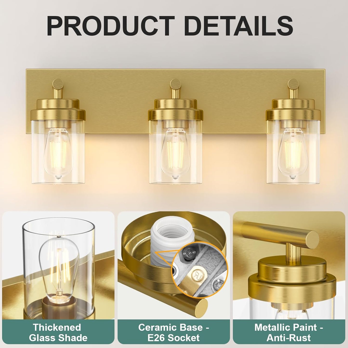 IZORRO Bathroom Vanity Light Fixture, 3-Light 22 Inch Gold Bathroom Light Fixtures Over Mirror, with Clear Glass Shade, Modern Farmhouse Vanity Lights, Rustic Restroom Lighting Fixtures