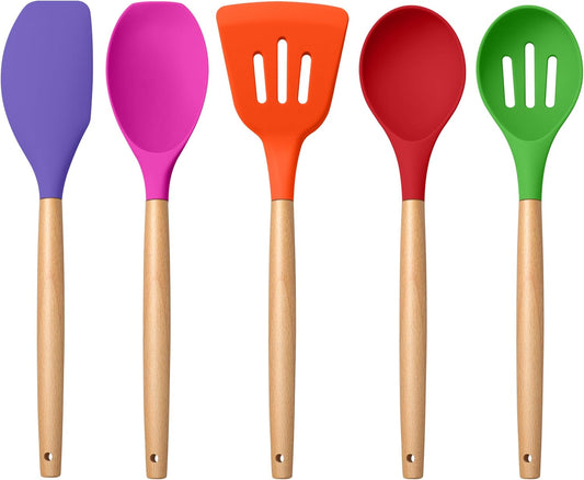 E-far Silicone Cooking Utensils Set, 5-Piece Kitchen Utensils Set with Wooden Handle for Cooking, Silicone Kitchen Nonstick Tools Spatula Turner Slotted Spoons, Nontoxic & Heat Resistant-Colorful