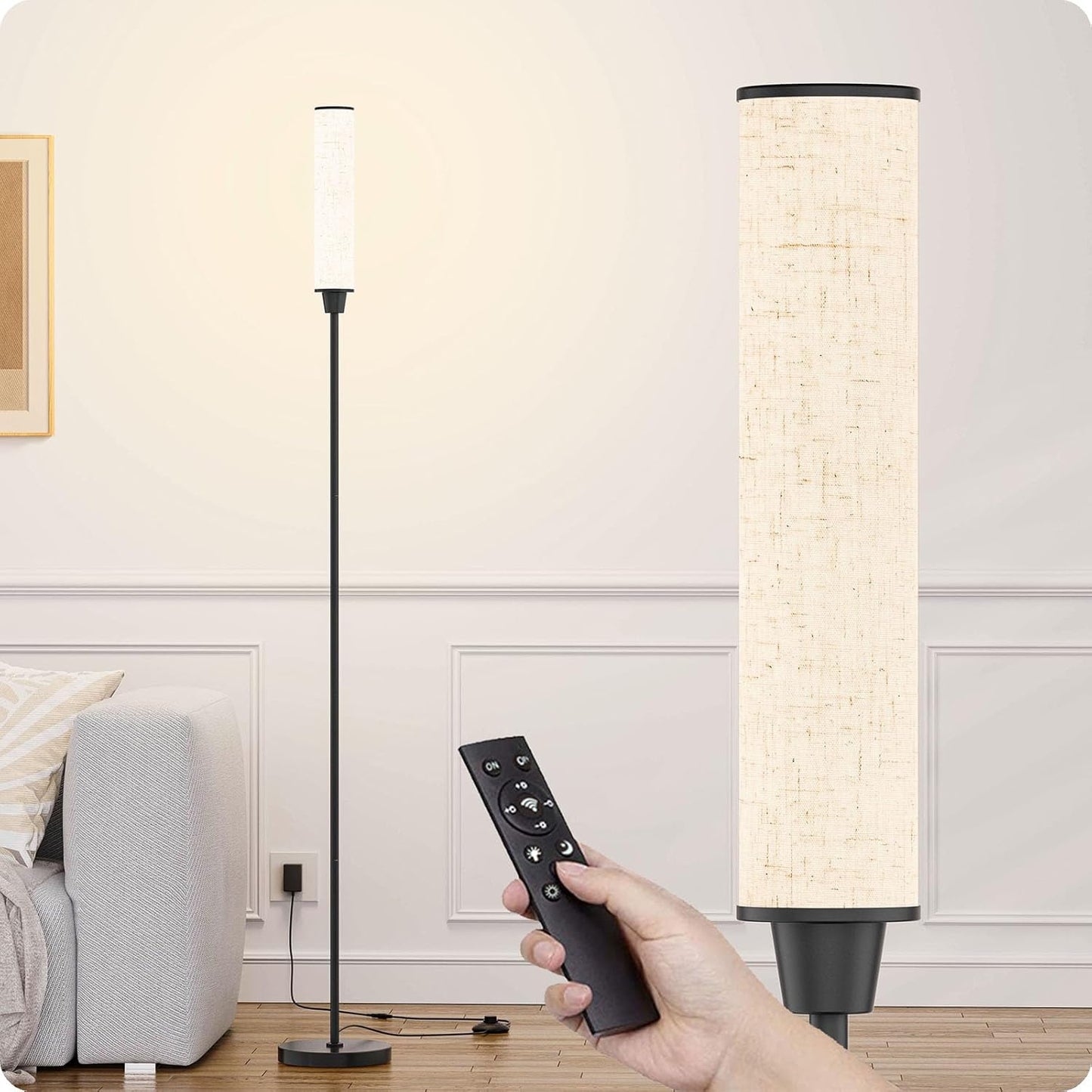 Nukanu Floor Lamp with Remote Control, Floor Lamps for Living Room/Bedroom/Office, Stepless Adjustable 3000K-6000K Colors and 10-100% Brightness,Standing Light with Foot Switch (Black+Beige Linen)