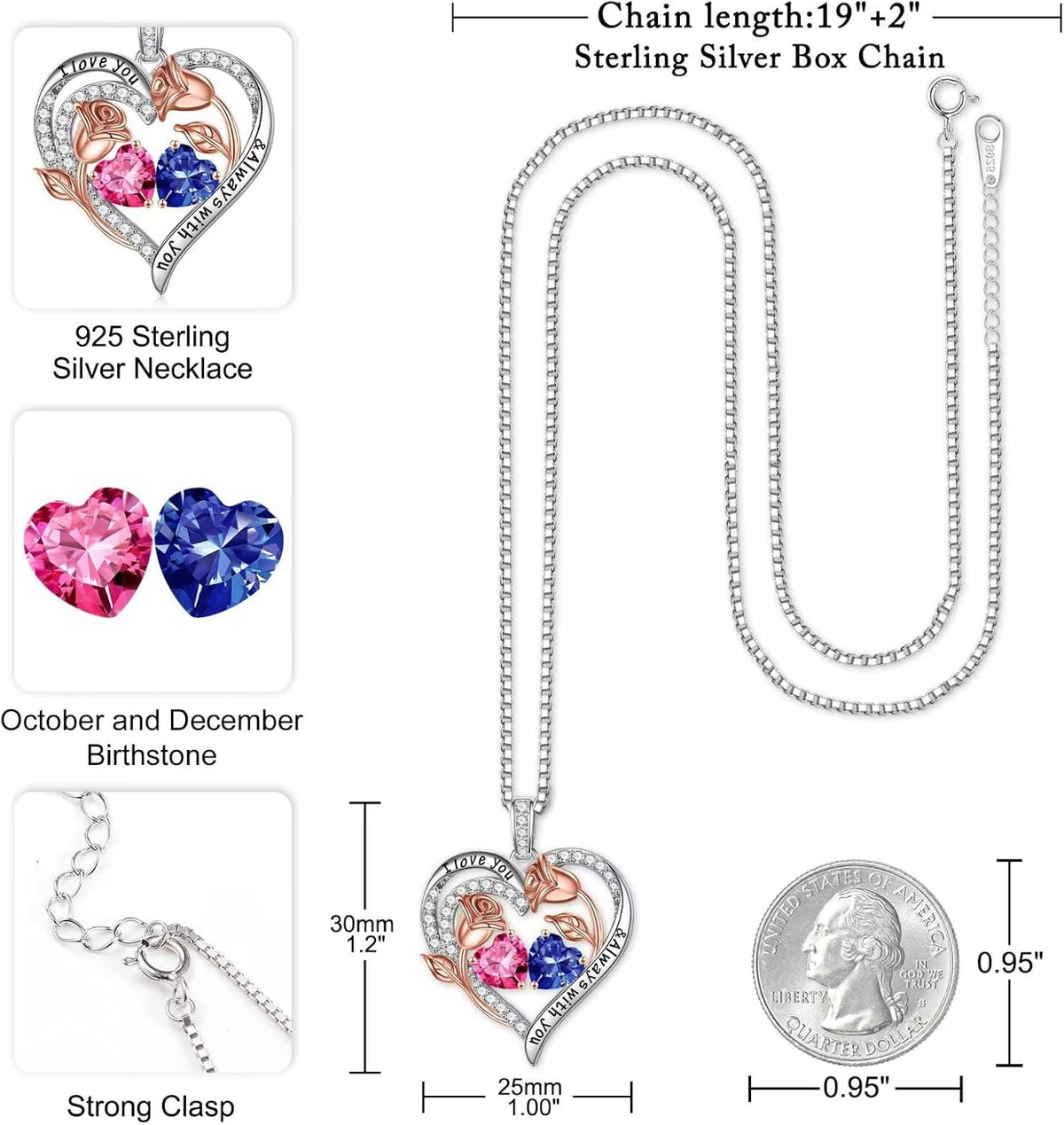 Iefil Birthstone Necklace for Women - Rose Heart Necklace