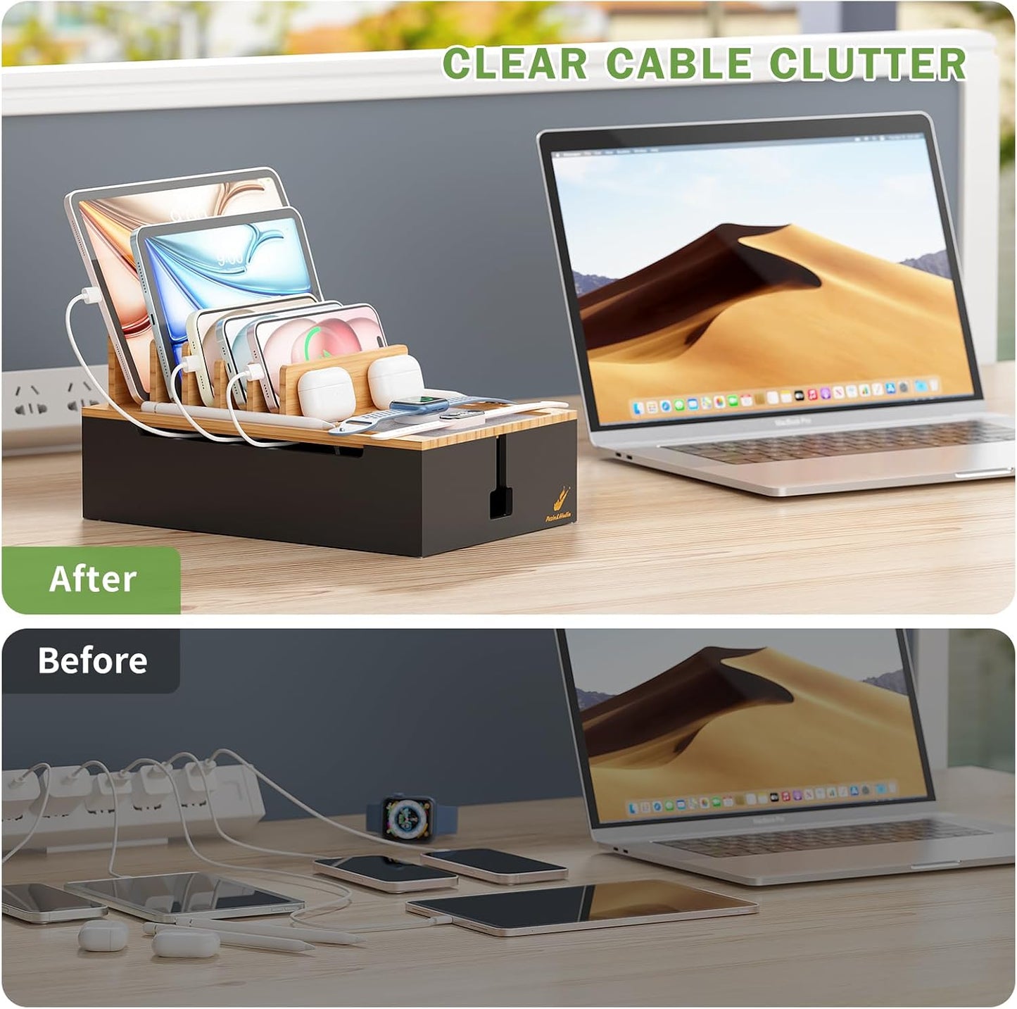 Pezin & Hulin Charging Station, Natural+Black (No USB Charger and Cables) | Electronic Devices Organizer for Multiple Devices Charger Such As Cell Phone, Tablet, Watch and More - Bamboo