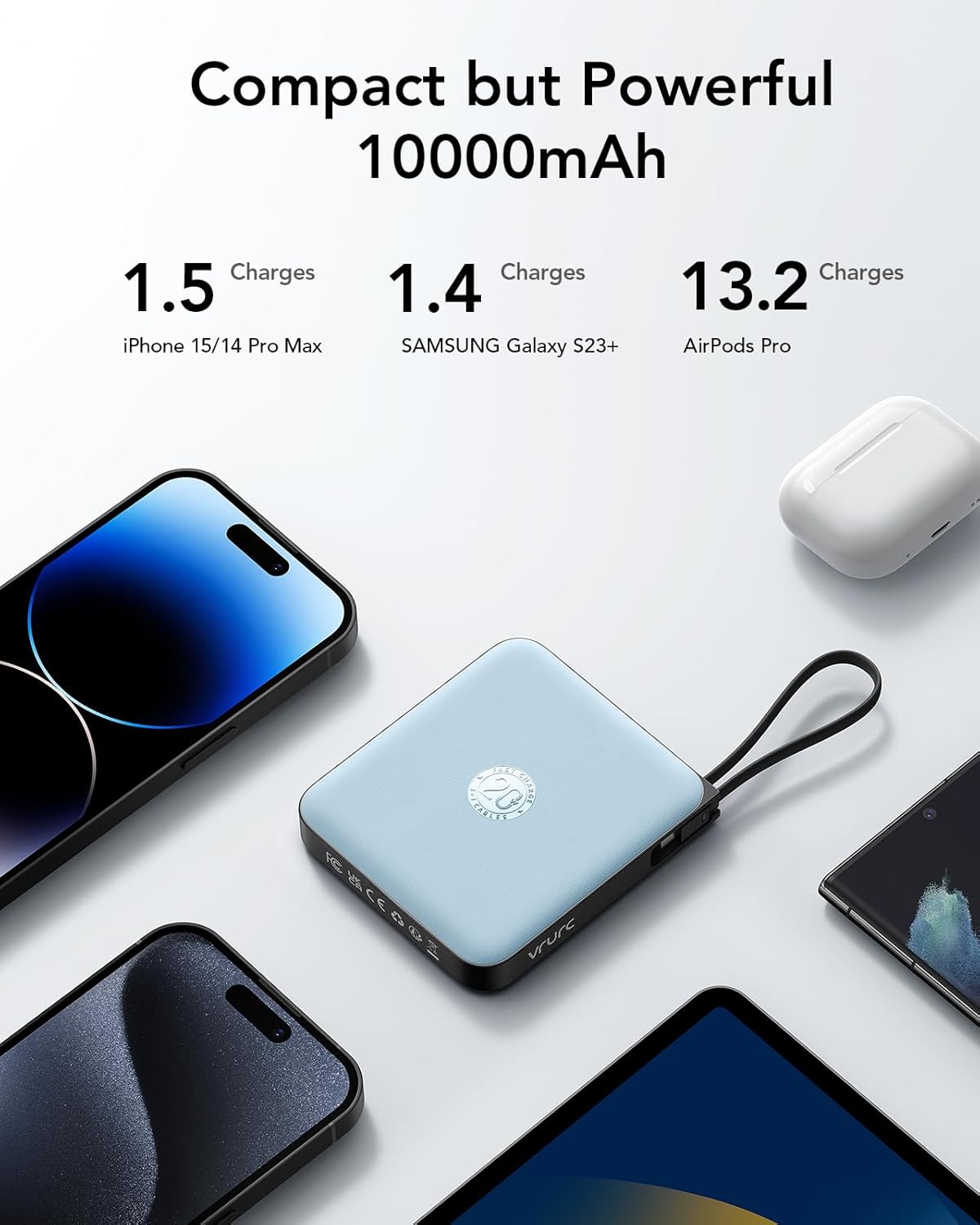 VRURC Portable Charger for iPhone with Built-in Cable, 10000mAh 22.5W Fast Charging USB C Battery Pack, Cell Phone Power Bank for iPhone 17 16 15 & Samsung Galaxy Series (Blue)