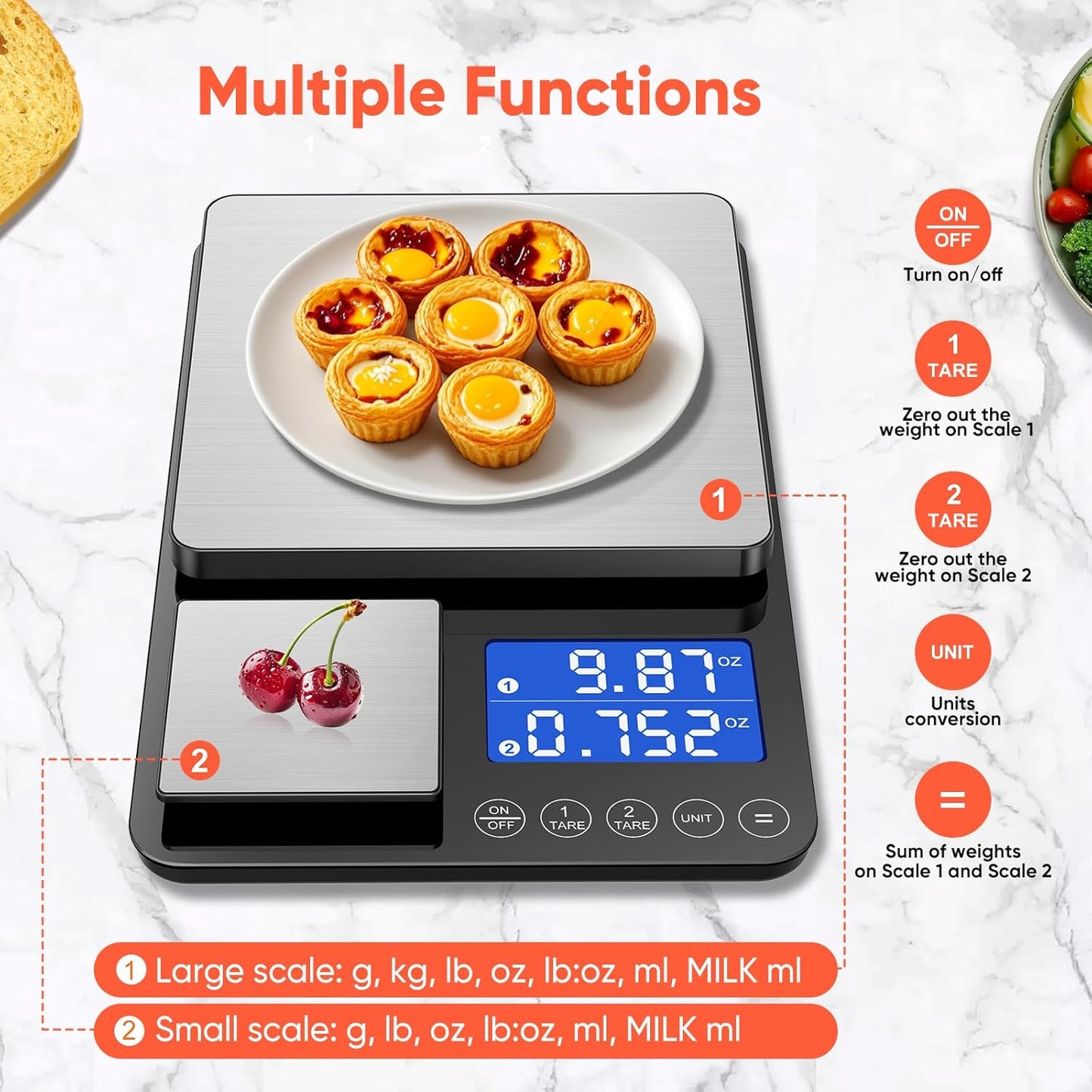 KUAIVO Dual Platform Digital Kitchen Scale, 33lb/15kg & 0.001oz/0.01g Precision, Two Scales in One, Coffee & Food Scale, Dual Display, Stainless Steel, Tare, g/oz/lb/ml